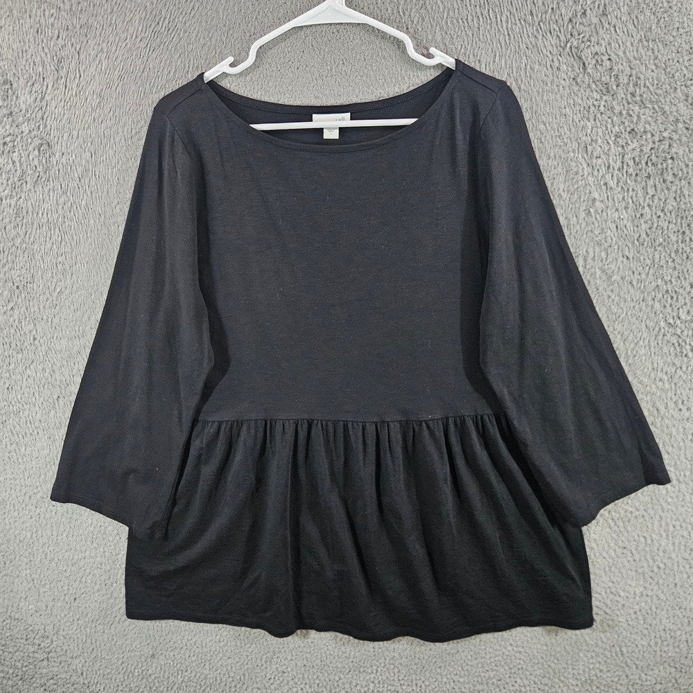J. Jill Womens Black Peplum Top 3/4 Sleeve Cotton Modal Blend Size L